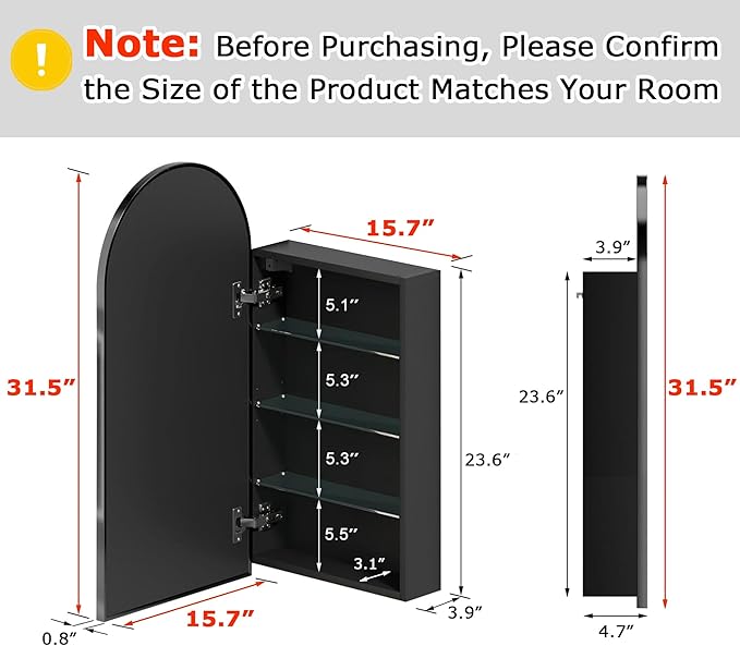FKWin Arched Black Bathroom Medicine Cabinet with Mirror, Left or Right Opening, Bathroom Vanity Mirrors with Storage, Surface Mount Medicine Cabinet not Recessed, Black, 15.7x31.5 inch