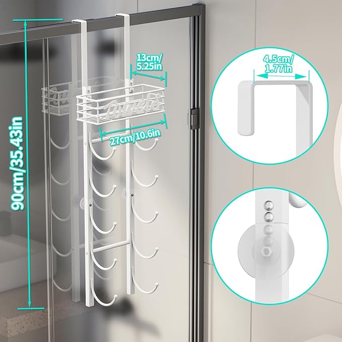 HapiRm Over The Door Towel Rack - 6 Tier Wall Mount Rolled Towel Holder Storage Organizer Shelf with Storage Basket for Small Bathroom, Rv, Camper - White