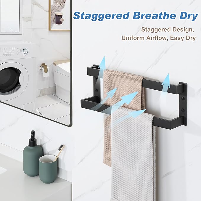 Alise Double Towel Bar, 16" Towel Racks for Bathroom Wall Mounted, SUS304 Stainless Steel Bathroom Towel Holder, Modern Quick Drying Towel Hanger, Matte Black