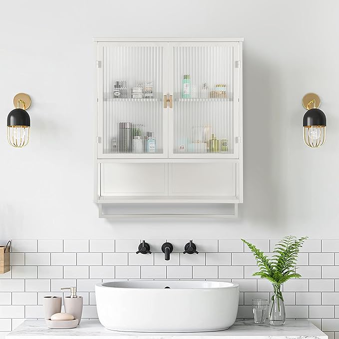23.62"Glass Doors Modern Two-door Wall Cabinet with Two-tier Enclosed Storage, an Open Shelf, and Towel Rack, for Entryway Living Room Bathroom Dining Room Bathroom Cabinet Kitchen (White4)