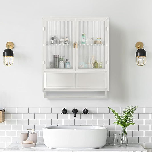 23.62"Glass Doors Modern Two-door Wall Cabinet with Two-tier Enclosed Storage, an Open Shelf, and Towel Rack, for Entryway Living Room Bathroom Dining Room Bathroom Cabinet Kitchen (White4)