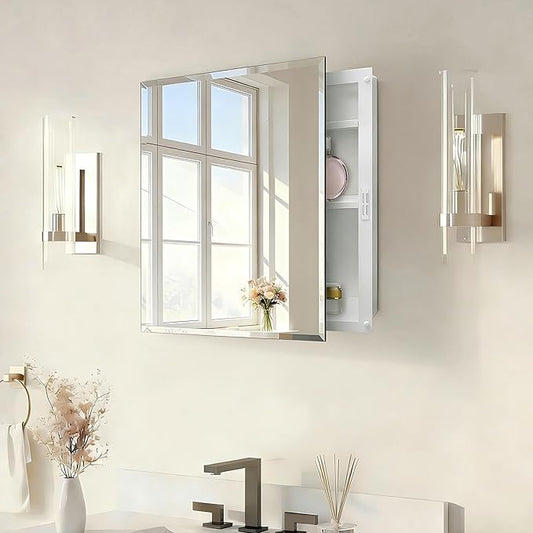 Plastic Bathroom Medicine Cabinet Mirror 16x20 inch, Recessed Medicine Cabinet or Surface Wall Mount Bathroom Cabinets with Adjustable Shelves, Beveled Edge Mirror Cabinet