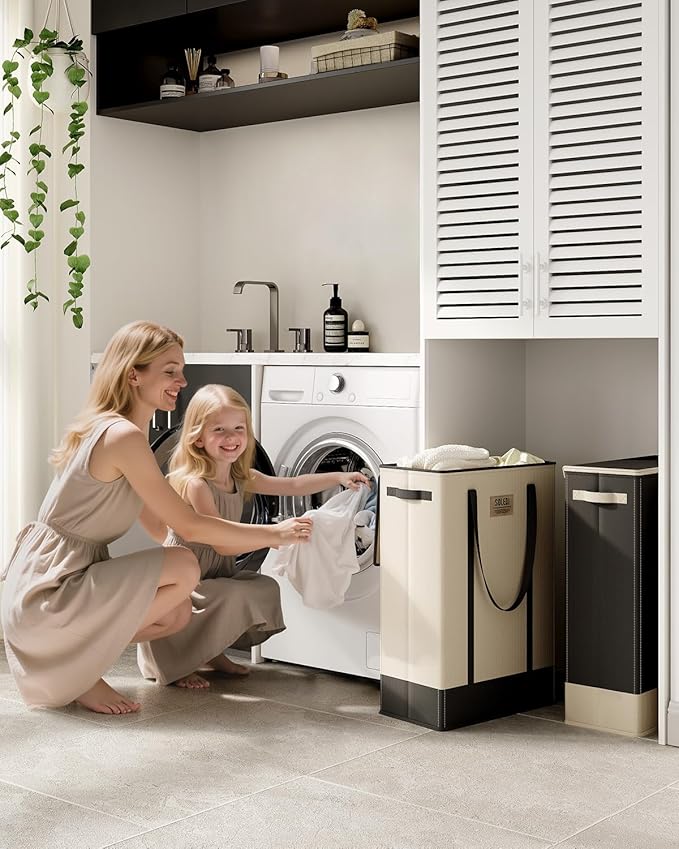 SOLEDI 75L Slim Laundry Basket with Lid,Collapsible Narrow Laundry Hamper Handles,Tall Skinny Dirty Clothes Hamper for Laundry Room,Dorm,Bathroom,Bedroom,and Small Spaces, 75L Beige