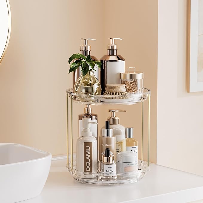 Delamu Rotating Makeup Organizer for Vanity, 2 Tier Skincare Organizer for Bathroom Counter, Spinning Perfume Organizer Cosmetic Holder with Large Capacity, Clear