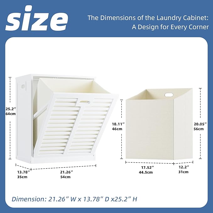 HITNET Tilt Out Laundry Hamper Cabinet, Bathroom Laundry Cabinet with 20 Gallon Clothes Basket, Space Saving Freestanding Bamboo Storage Organizer for Towels and Toys, White