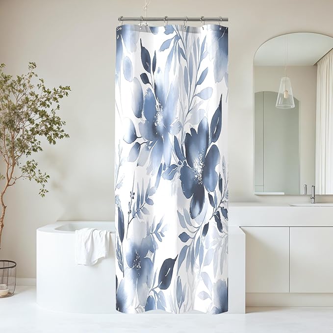 Floral Shower Curtain, Blue Watercolor Flower Shower Curtains for Bathroom, Modern Minimalist Waterproof Fabric Bath Decoration 36x72 Inch