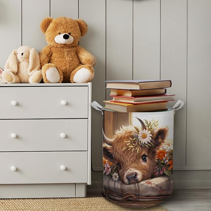 Highland Cow Laundry Basket, Farmhouse Floral Western Cow Waterproof Collapsible Laundry Hamper Dirty Clothes Storage Toy Bin Organizer for Nursery Girls Kids Room Bathroom Bedroom