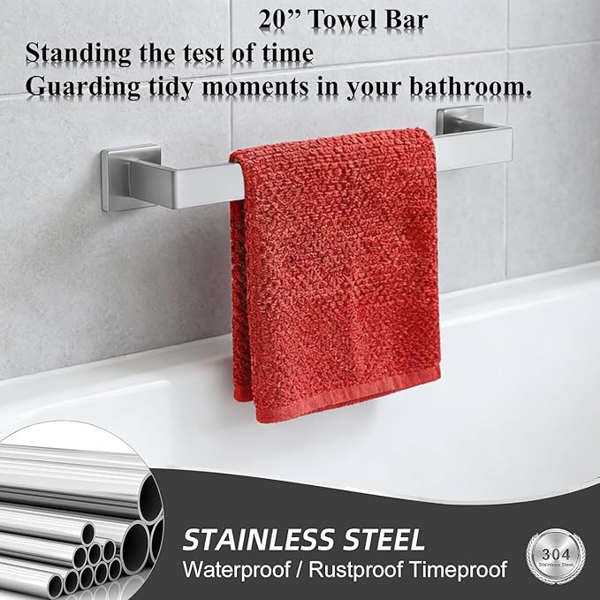 20 Inch Bathroom Towel Bar SUS304 Stainless Steel Brushed Nickel Towel Holder Wall Mounted Heavy Duty Towel Rack Bathroom Towel Rod Modern Square Base Design(1, Brushed Nickel, 20 Inch)