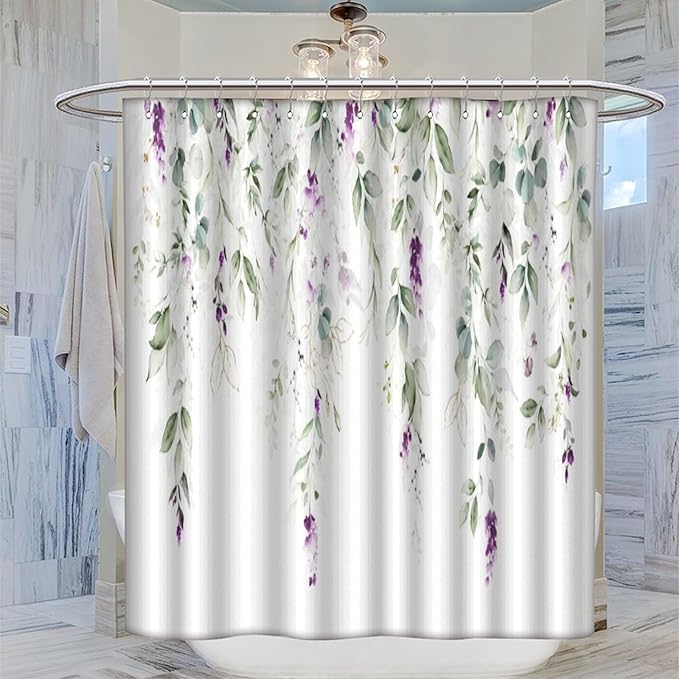 Purple Floral Shower Curtain Watercolor Flowers Modern Minimalist Wildflower Bathroom Decor Fabric Curtains with Hooks 72x84 Inches(183x214cm), Style-10