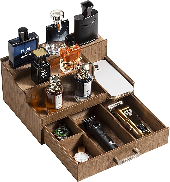 Cologne Organizer for Men, 3 Tier Perfume Display Stand with Drawer and Hidden Compartments, Stylish Wooden Mens Cologne Holder for Dresser Storage, Great Gift for Men/Fathers, Brown