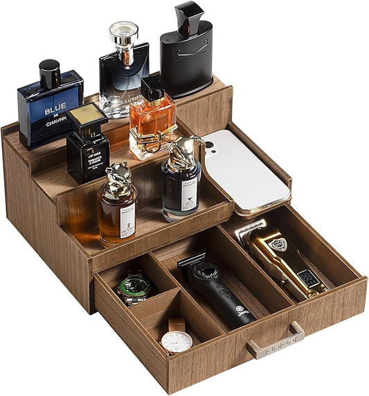 Cologne Organizer for Men, 3 Tier Perfume Display Stand with Drawer and Hidden Compartments, Stylish Wooden Mens Cologne Holder for Dresser Storage, Great Gift for Men/Fathers, Brown