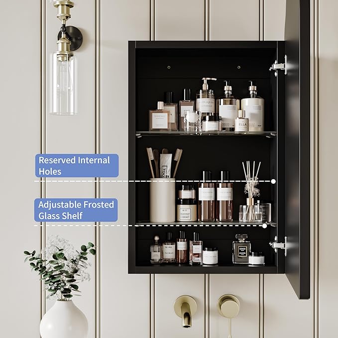 AGDULL Vintage-Style Bathroom Wood Black Cabinet with 16.5''x24'' Curved Mirror, Recessed Medicine Cabinet, in-Wall or Surface Mount Bathroom Storage Cabinet