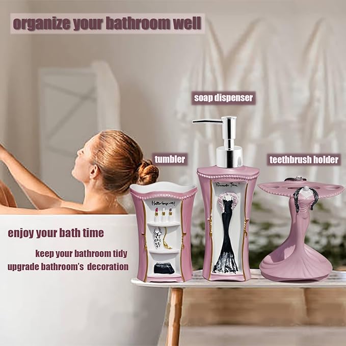 LUANT 6 PCS Bathroom Accessories Including Soap Dispenser, Soap Dish, Tumbler, Teethbrush Holder, Trash Can and Toilet Brush, Decoration for Girl's Bathroom, Countertop Oragnizer, Pink
