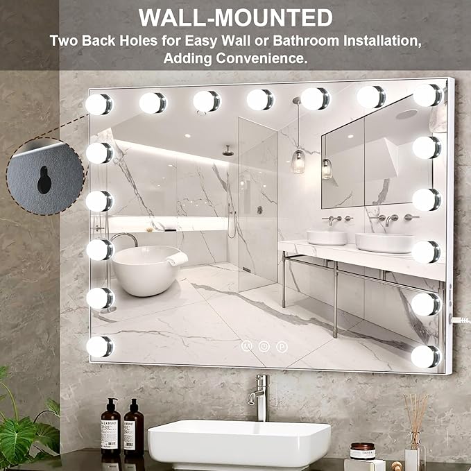 Kottova 24.4"x21.2" Vanity Mirror with Lights, Lighted Makeup Mirror with 3 Dimmable Color Modes,17 LED Hollywood Mirror with Touch Control, USB Charging Port, Tabletop & Wall-Mounted (White)
