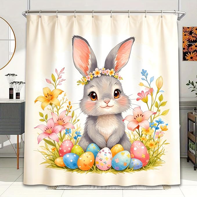 Dreamrflove Easter Bunny Shower Curtain Easter Shower Curtain Set Spring Floral Cute Rabbit Bathroom Shower Curtain Polyester Insulated Home Decor 72x72 InchHolidayDecoration
