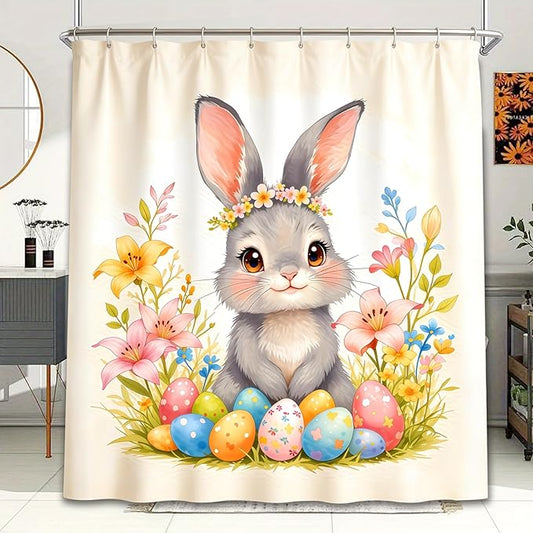 Dreamrflove Easter Bunny Shower Curtain Easter Shower Curtain Set Spring Floral Cute Rabbit Bathroom Shower Curtain Polyester Insulated Home Decor 72x72 InchHolidayDecoration