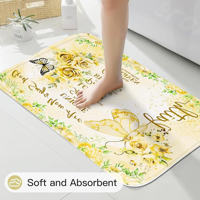 Litabel 4 Pcs Yellow Butterfly Inspirational Quotes Shower Curtain Set with Rugs and Toilet Lid Cover, Colorful Boho Waterproof Fabric Bathroom Set, Bible Verse Floral Bathroom Decor Set Accessories