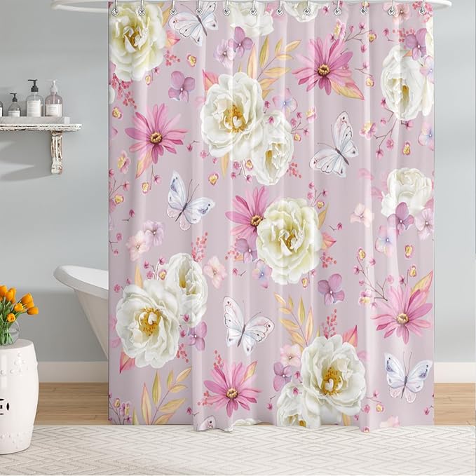 Pink Floral Shower Curtains, Watercolor White Roses Pink Pyrethrum Flower and Butterflies Shower Curtains, Waterproof Fabric Spring Floral Pattern Bathroom Shower Curtain, 72 x 72 Inch