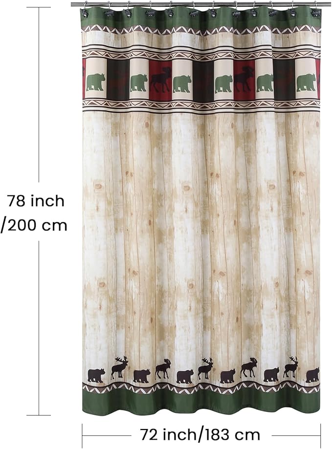Long Fabric Shower Curtain, Bear Shower Curtain, Cabin Lodge Shower Curtains for Bathroom, Waterproof Bathroom Curtains, 72" W x 78" H