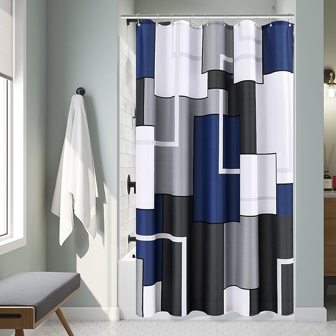 Shower Curtain Set with Hooks Blue and White Shower Curtain for Bathroom Fabric Grey Geometric Bath Curtains Decorative Gray Water Repellent, 60x72, Navy Blue