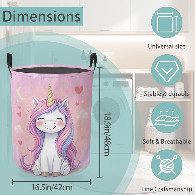 Pink Unicorn Laundry Basket With Handles Tote Bag Oxford Cloth Funny Laundry Hamper Clothes Storage Bucket Toy Organizer 16" X 20.8"For Bathroom/Laundry/Bedroom