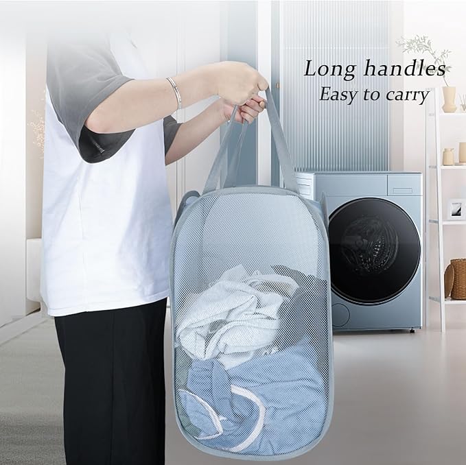 Upgraded 100L Extra Large Collapsible Laundry Hampers. Pop Up Laundry Basket Mesh with Pocket, Fold Compact, Large Hold Portable Travel Laundry Bag for Dorm Storage Bin, Grey. V