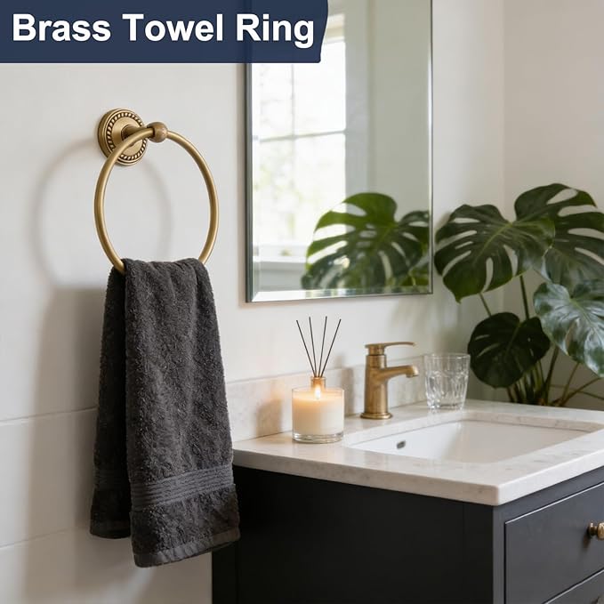 Towel Ring Antique Brass, Towel Holder for Bathroom Wall Mounted, Gold Hand Towel Ring, Round Towel Rack Hanger for Bath, Kitchen