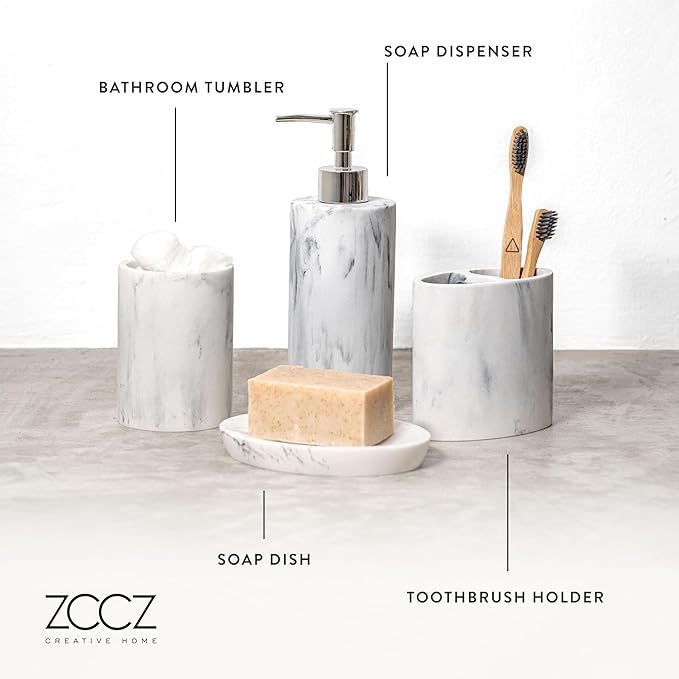 ZCCZ Bathroom Accessory Set, 4 Pcs Marble Look Bathroom Vanity Countertop Bathroom Décor Sets Accessories with Soap Dispenser, Toothbrush Holder Set, Tumbler, Soap Dish (White Marble Look Rounded)