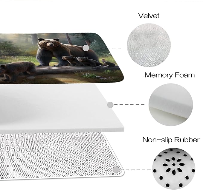 Cute Bear Forest Aesthetic Bathroom Rugs and Mats Sets 3 Piece, Memory Foam Bath Mat, U-Shaped Contour Shower Mat Non Slip Absorbent, Velvet Washable 20 x 31 inch Black and Green