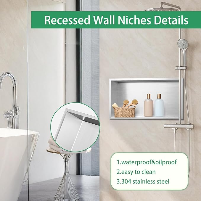 SaniteModar Shower Niche, Stainless Steel Shower Niche No Tile Needed, Recessed for Bathroom Storage (Brushed Silver, 12x24)