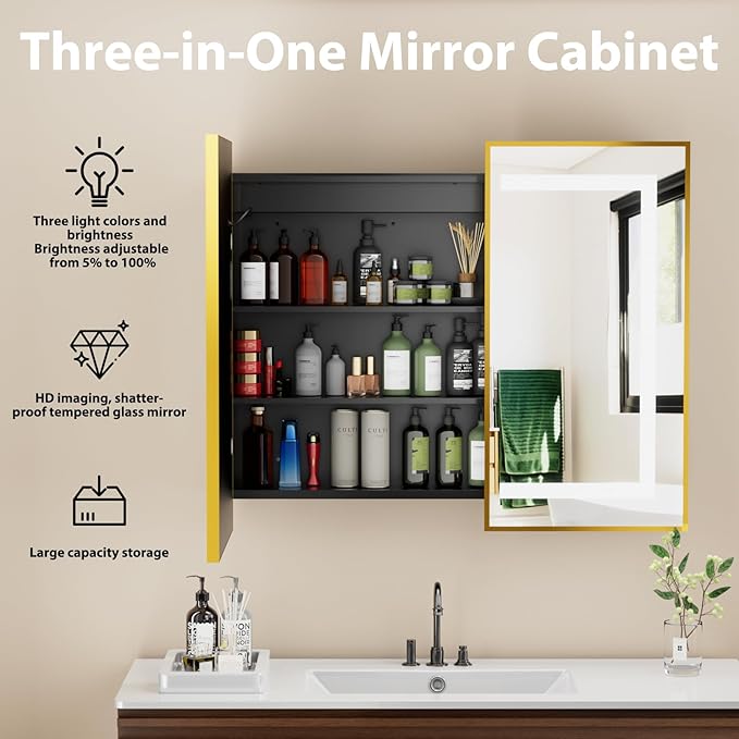 LOVMOR Led Medicine Cabinet with Mirror, Bathroom Vanity Mirror Cabinet with Shelves, 3-Color Lights Dimmer, Gold 32" H x 40" W