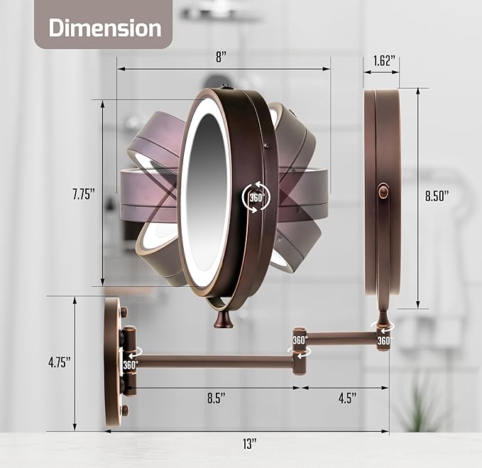 OVENTE Wall Mounted Lighted Makeup Mirror, 7" Double Sided 1X/10X Magnifying Vanity Mirror for Bathroom with LED Lights, Cordless, 360° Rotation and 13" Extendable Arm, Antique Bronze MFW70ABZ1X10X