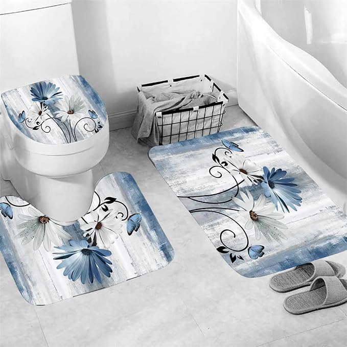 NBVKO 4PCS Rustic Blue Flower Farmhouse Shower Curtain Set,Waterproof Blue Daisy Floral Bathroom Decor Accessory Set