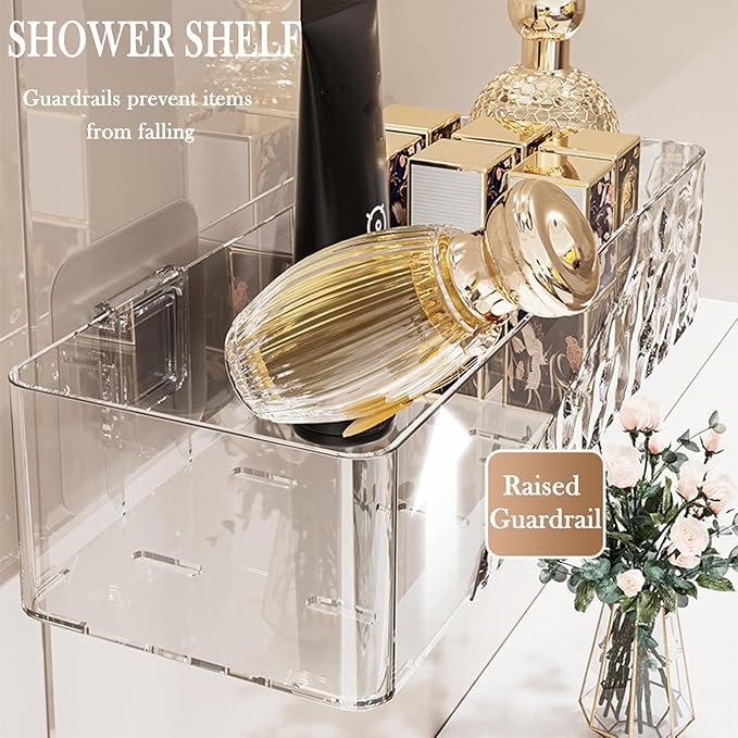 Lae Nuvole Wall Mounted Bathroom Caddy Organizer, Adhesive Shower Shelf for Inside Shower Caddy Plastic Bathroom Organizers and Storage for Wall, Makeup, Bath, Home Decor, No Drilling (Clear)