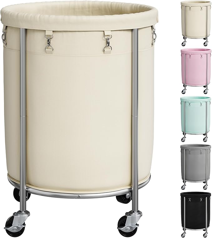 ELYKEN 190L Laundry Basket with Wheels, Large Rolling Laundry Hamper with Removable Liner Bag, Round Rolling Laundry Cart, Dirty Clothes Hamper for Hotel, Home, Closet, Dorm, Cream