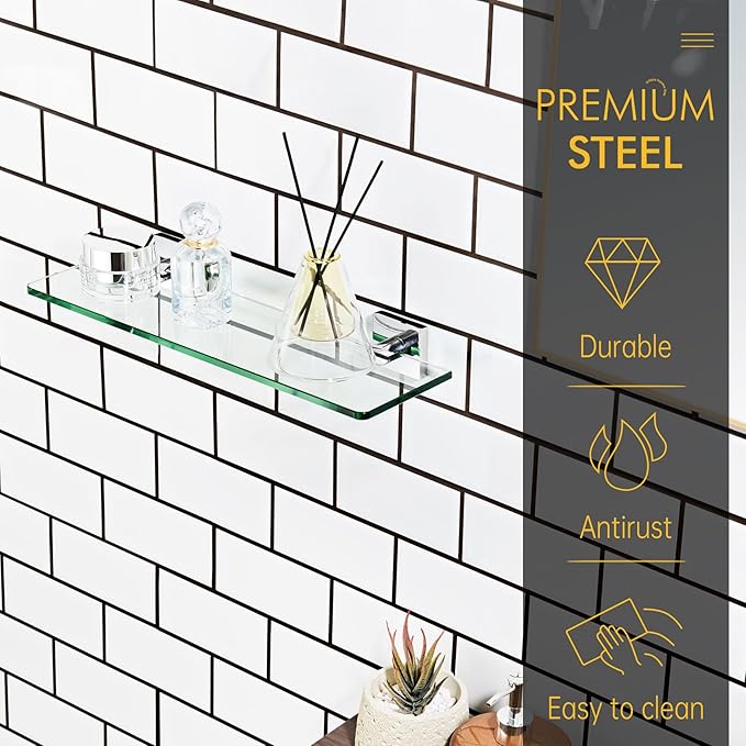 KOKOSIRI Floating Glass Shelf Bathroom Shelves Wall Mount 16-Inch Hanging Rack for Shower Storage Home Decor, Polished Stainless Steel B1107CH-L16
