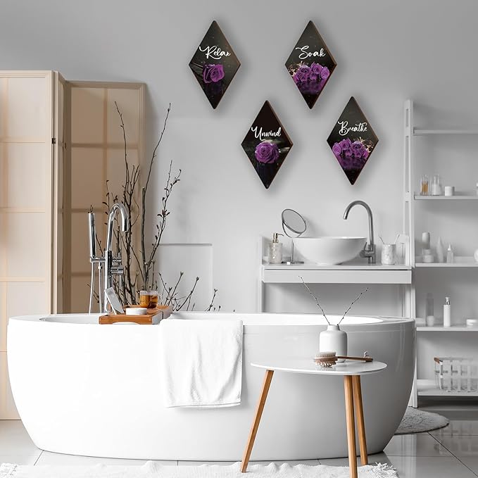 ONIZHITY Set of 4 Purple Bathroom Decor Rose Wooden Wall Decor Flower Rustic Romantic Floral Farmhouse Wall Decor Breathe Soak Unwind Relax Sign Purple Decor for Room Bedroom Bathroom (purple 12 x 7)