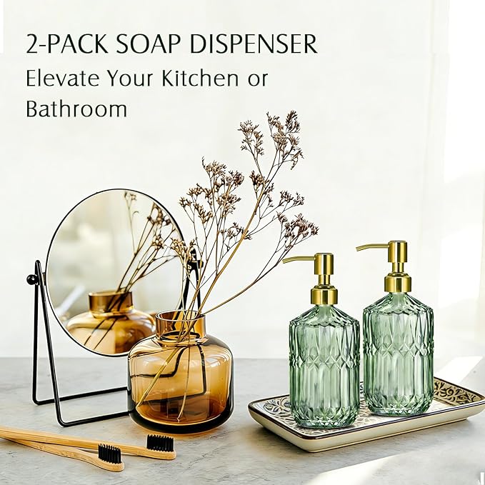 COHOSEGE 17 Oz Green Glass Kitchen Soap Dispenser for Dish Soap, 2 Pack Bathroom Soap Dispenser Set with Gold Rust Proof Pump for Lotion, Hand soap or Body Wash