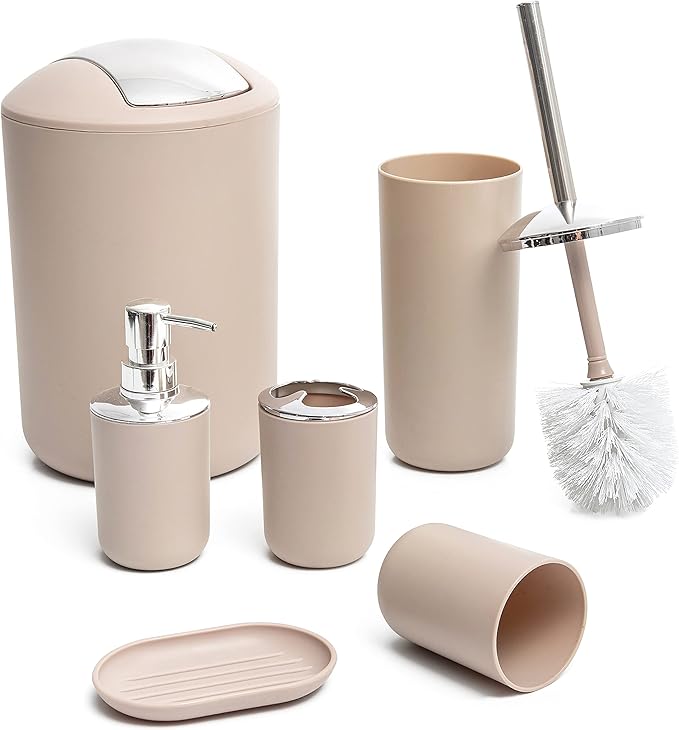 Moss & Stone 6-Piece Bathroom Accessories Set, Includes Soap Dispenser, Toothbrush Holder, Toothbrush Cup, Soap Dish, Complete Bathroom Decor Set (Beige)