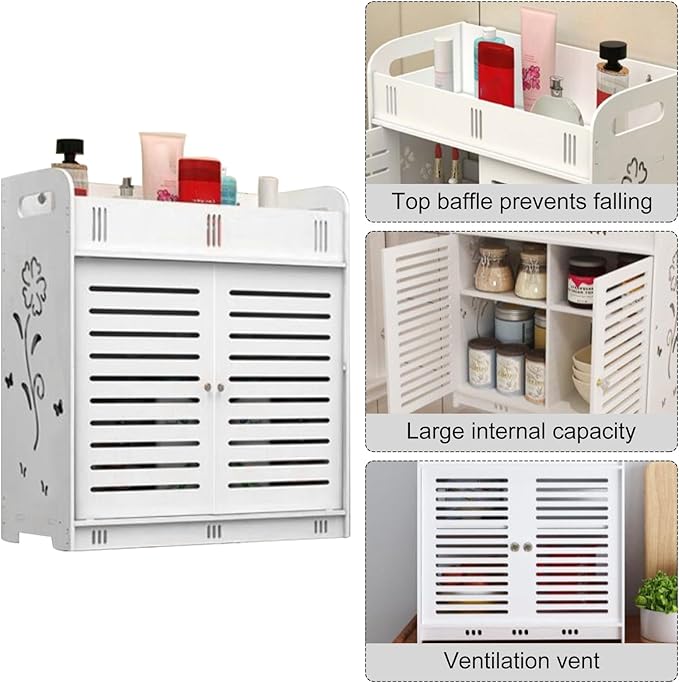 Bathroom Cabinet Self-Adhesive Vent Doors Multi-Grid Tiers Hollow Flower Pattern Bathroom Shelf Wall Mounted Bathroom Storage Rack for Livingroom,Bathroom,Laundry,Bedroom White White