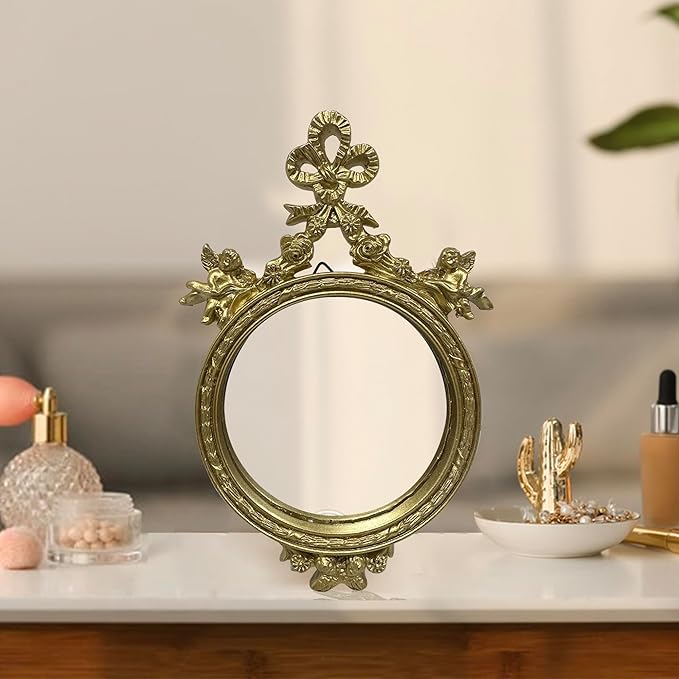 Vintage Vanity Makeup Desk Mirror, Antique Traditional Bow Table Mirror, Gold, for Dressing Table, Bedroom, Bathroom, Tabletop