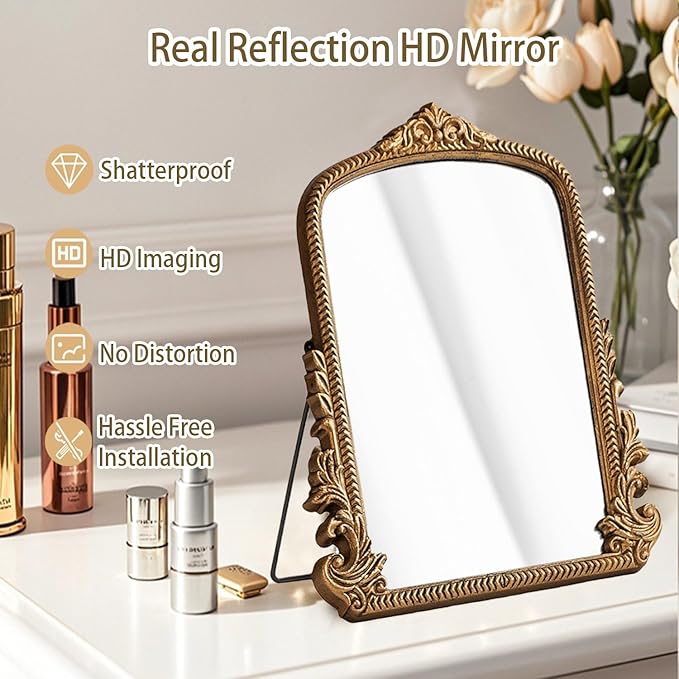 2026 Spring Women's Gifts Small Vintage Vanity Makeup Desk Mirror Antique Traditional Chic Arch Table Mirror Gold，Decor Wood Carved Mirror for Living Room,Bedroom,Tabletop 11.8" x 9.6"