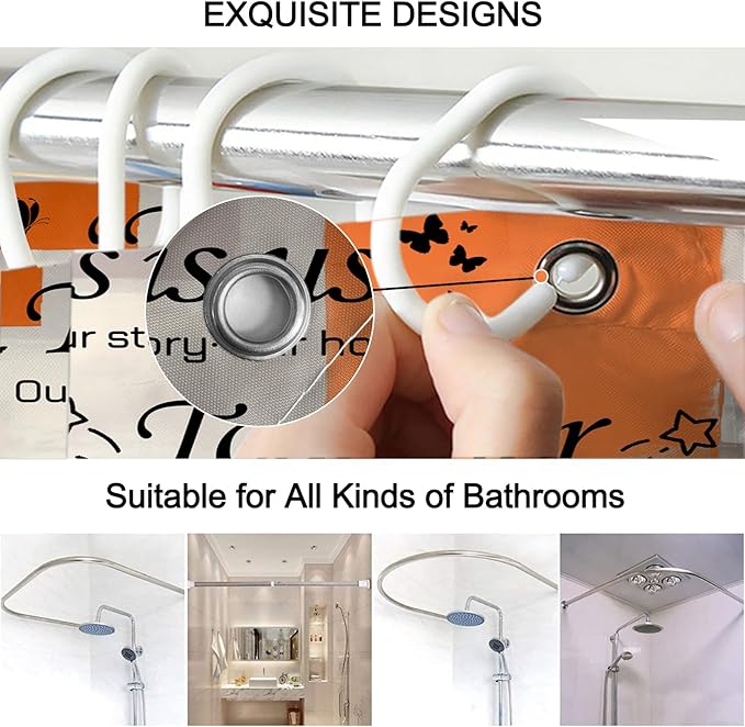 Lnond 4Pcs Bathroom Shower Curtain Sets with Rugs, Orange Motivational Home Family Bathroom Sets with Shower Curtain and Rugs and Accessories