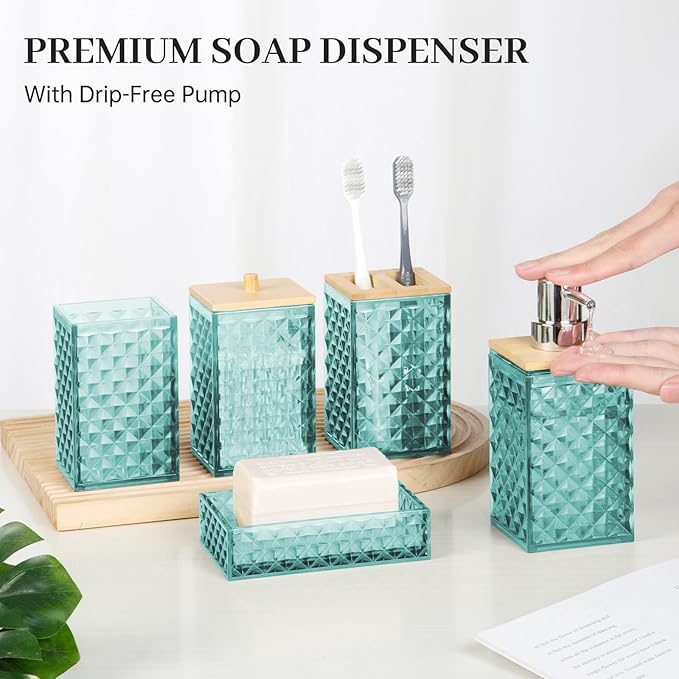 Bathroom Accessory Set, Grid Pattern 5 Pcs Plastic Bathroom Set Include Qtip Holder Dispenser, Soap Dispenser, Soap Dish, Toothbrush Holder, Mousewash Cup, Modern Bathroom Décor Set(Teal)