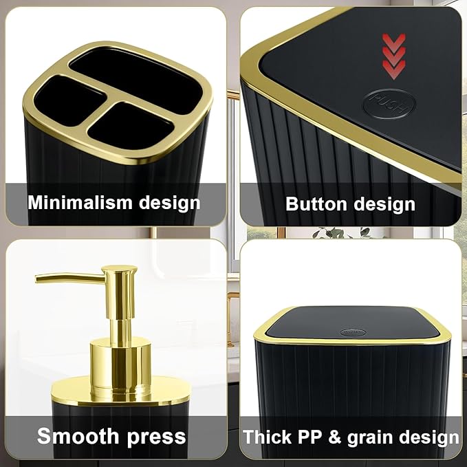 Bathroom Accessories Set-9PC Set with Toilet Brush, Trash Can, Soap Dispenser, Q-Tip Holder | Modern Home Bath Essentials (Black, Bath Set)