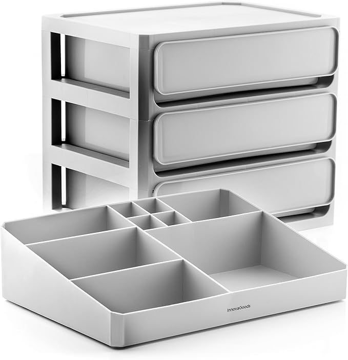 InnovaGoods® Makeup Organizer with 3 Drawers, 9 Compartments, Removable Tray, Bathroom or Bedroom Storage for Lipsticks, Palettes, Creams, Makeup Display Set, Grey
