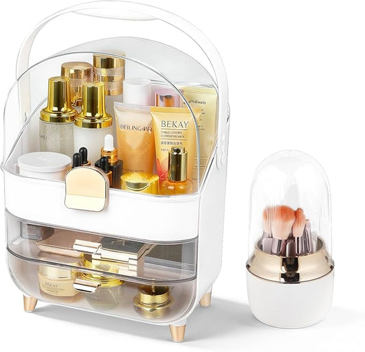 Makeup Organizer with Drawers,Cosmetic Display Case for Vanity,Skincare Organizer with 360 Rotating Brush Holder,Large Storage Box Dresser for Women Gifts, Bathroom Countertop,Rose gold