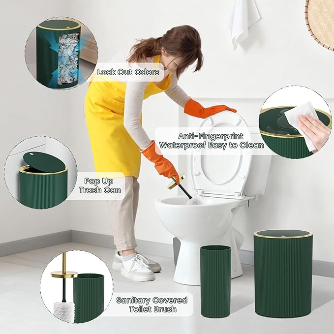Dark Green Bathroom Accessories Set - Bathroom Sets, 25PC Bath Accessory Set, Bathroom Sets with Push Top Trash Can, Shower Curtain and Rugs, Toilet Brush, Trash Can & Soap Dispenser
