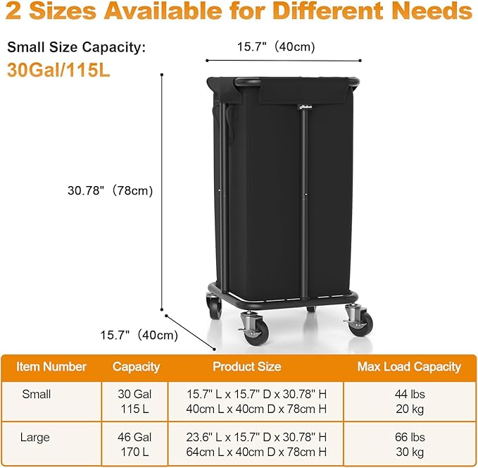 Hodonas Laundry Basket with Wheels, Rolling Laundry Hamper, 30 Gal.(115L), Removable and Machine Washable Liner, Steel Frame, Tall Laundry Cart for Laundry Room, Bedroom, Bathroom, Dorm Storage -Black