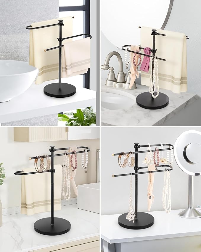 Hand Towel Holder, Adjustable Stand Towel Rack,Free Standing S-Shapes Towel Bar Holds for Bathroom Kitchen Countertop Stainless Steel Retractable and 360-Degree Rotation.Black